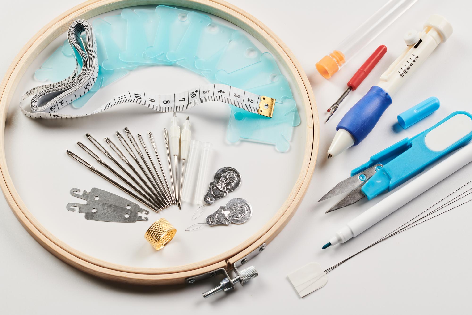 Workspace with hoops, threads and sample patches