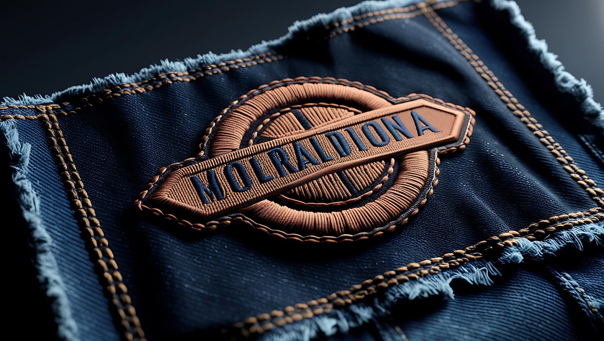 Embroidered brand emblem on denim